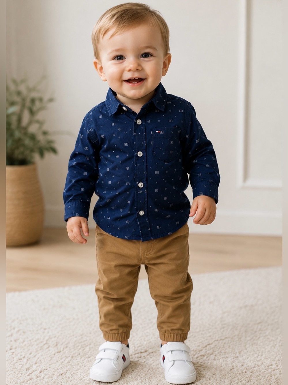 NWT Tommy Hilfiger Boys 2 Pc Navy Button Shirt & Khaki Jogger Outfit